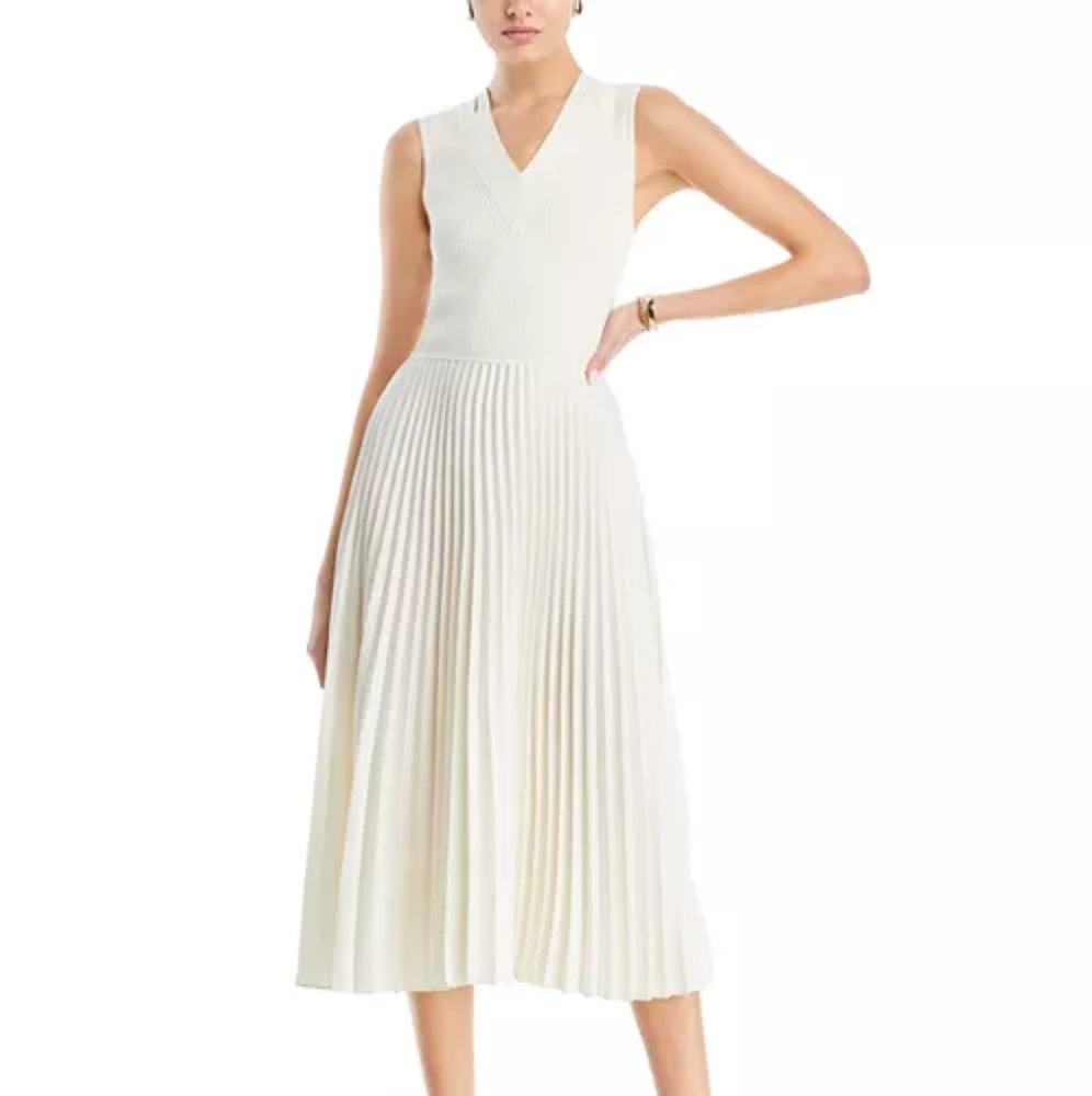 Boss Cream Pleated Midi Dress V-Neck Sleeveless